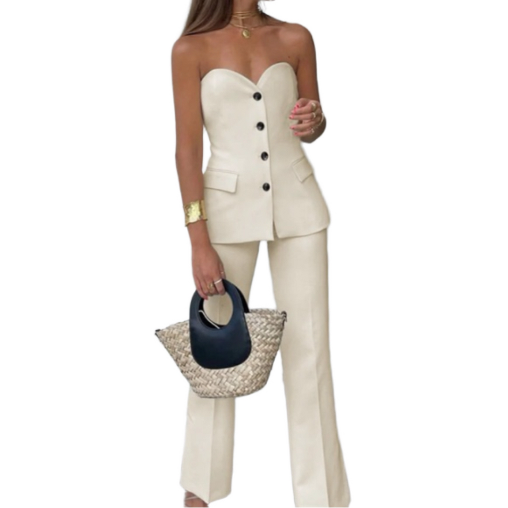 NWT Commense Solid Tube Top With Wide Leg Pants Set Cream Ivory Large